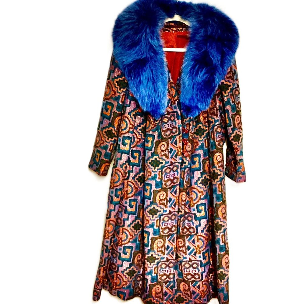 Vibrant Blue-Collar Multicolor Brocade Trench Coat
